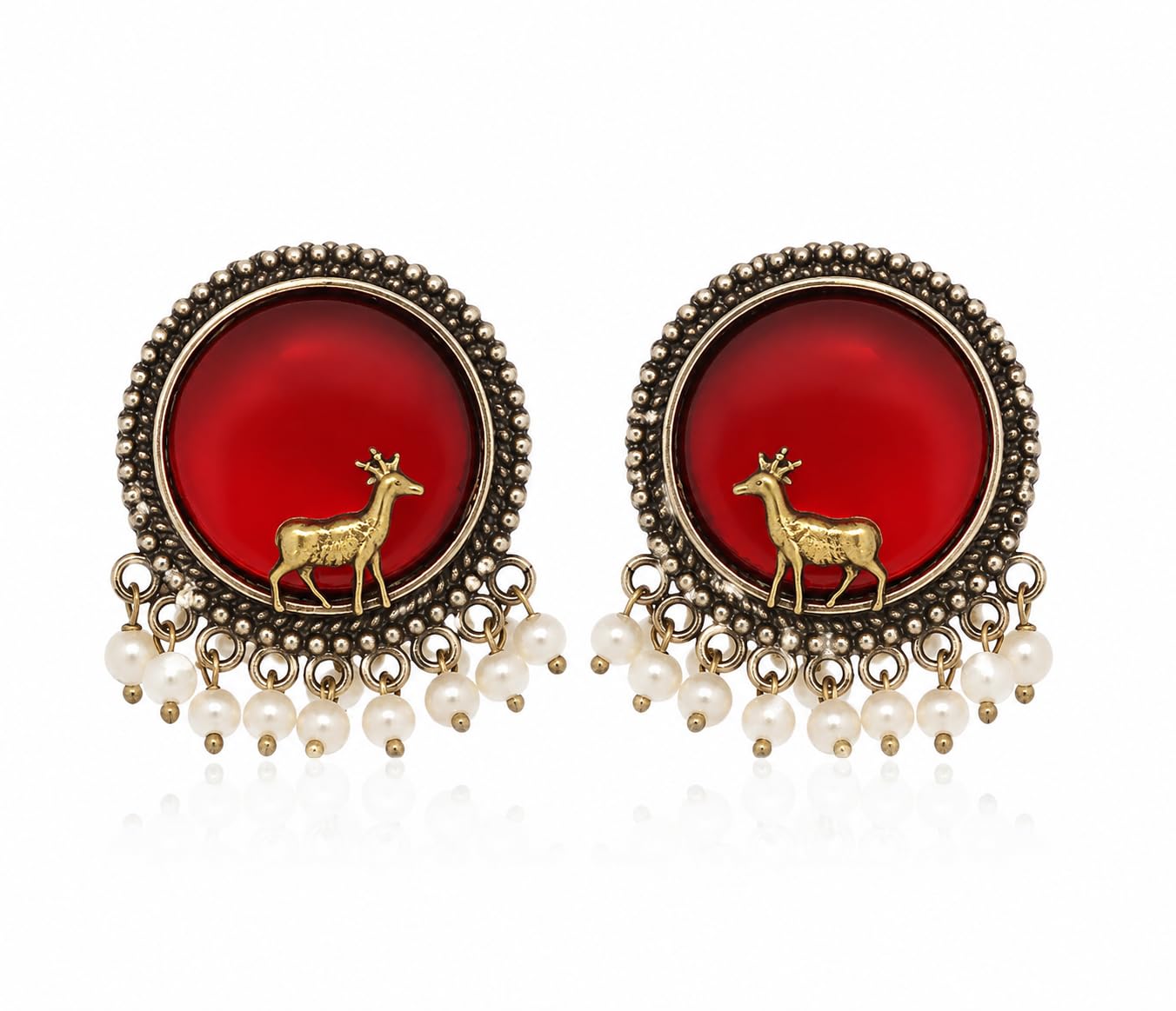 El Regalo Big Antique Oxidised Vintage Stud Earrings for Women and Girls | Boho Ethnic Statement Dual Tone Ear Tops with 3D Gold Deer Motif & Hanging Pearl Drops | Premium Traditional Festive Gift Jewelry (Red)