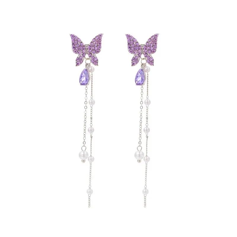 El Regalo Purple Butterfly CZ Pearl Tassel Earrings - Elegant Violet Gemstone Earrings with Delicate Design for Women