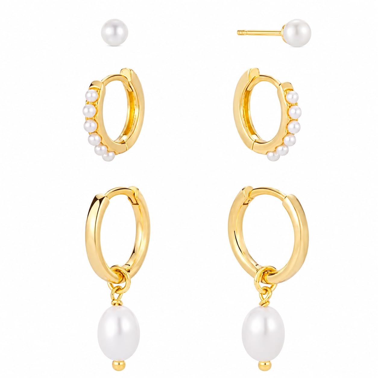 El Regalo 3 Pairs Cartilage Earrings Set for Women & Girls | Gold Plated Pearl Hoop Earrings Combo | Cute Huggie Hoop & Pearl Drop Earrings | Helix, Lobe & Cartilage Earrings Pack