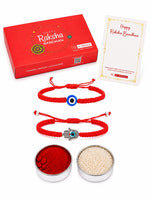 El Regalo Unisex Lucky Kabbalah Blue Turkish Evil Eye Hamasa Hand Red Macrame Rakhi Set for Bhaiya & Bhabhi (Hamasa Hands Evil Eye)