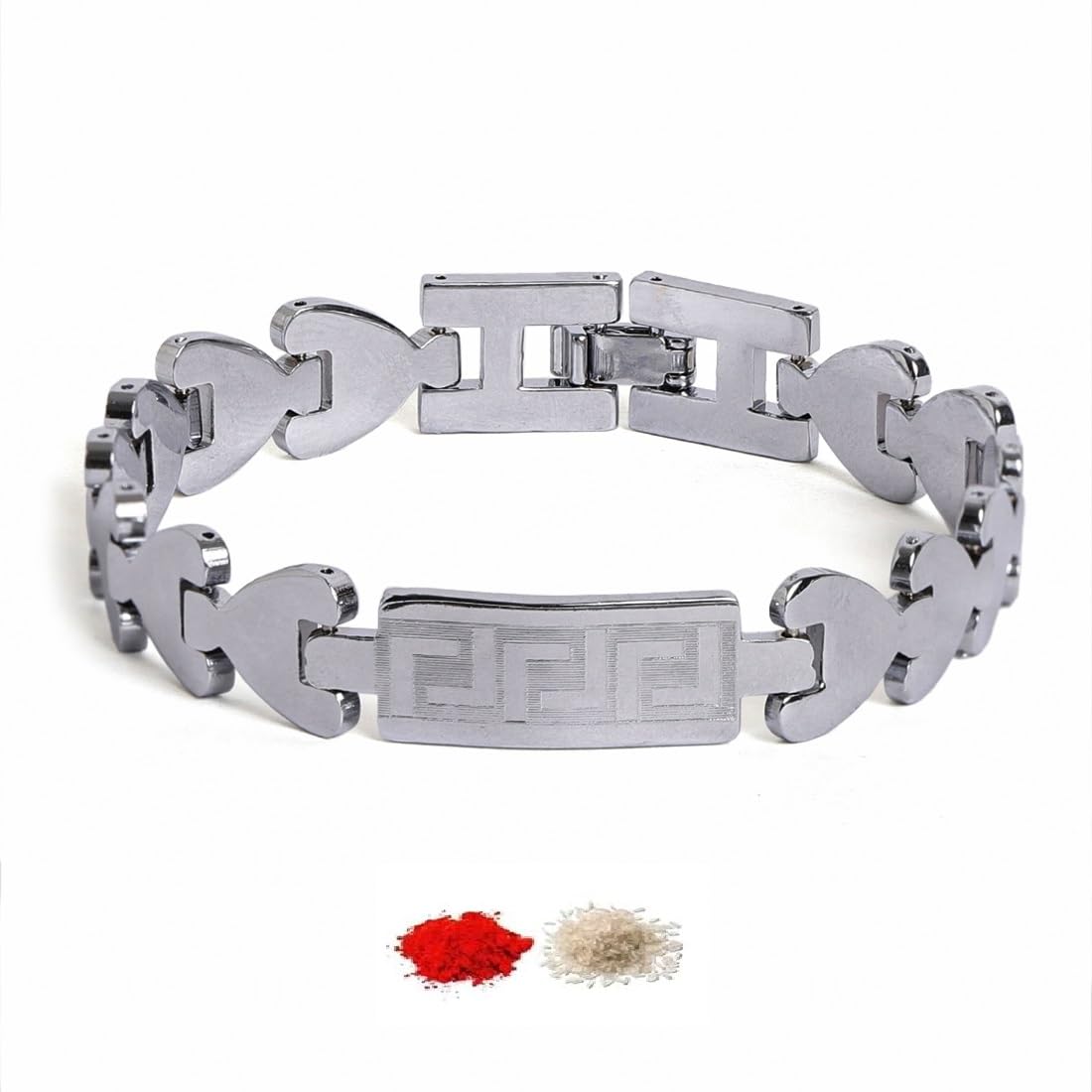 El Regalo 1 PC Designer Stainless Steel Bracelets Rakhi for Brother | 1 PC Anti Tarnish Chain Rakhi with Roli- Chanwal, Message Card in Rakhi Gift Box for Bhai/Bhaiya (Option-5)