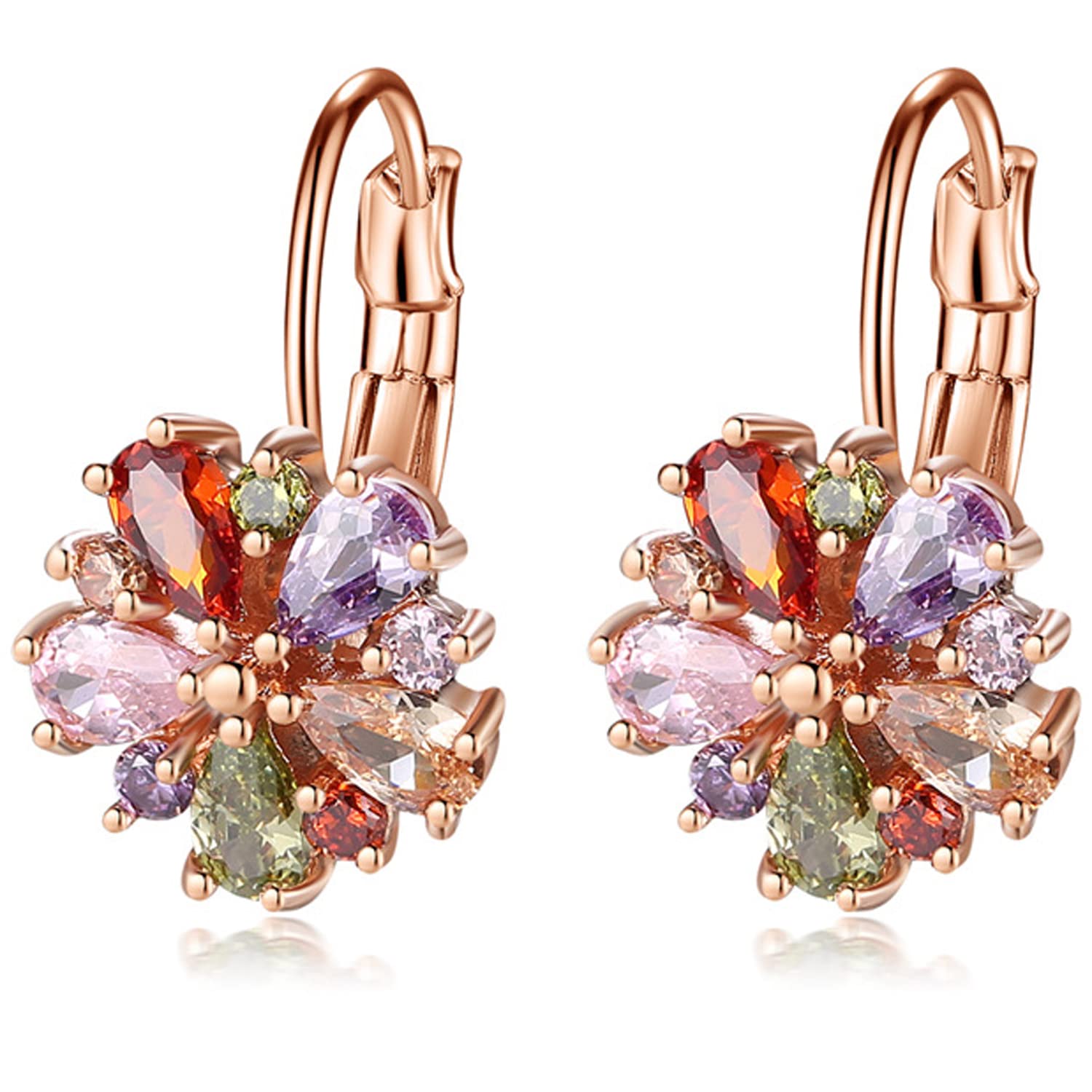 14K Rose Gold Huggie Stud Earrings for Women Gold Hoop Earrings Multicolored Crystal Elements Fashion Bridal Jewelry, Brass, crystals