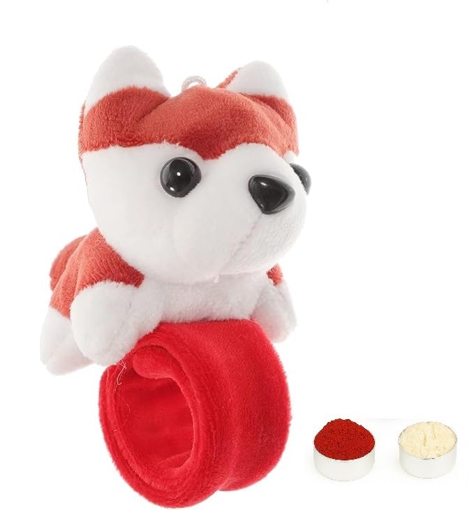 El Regalo Kids Rakhi - Cute Animal Plush Slap Band Rakhi for Boys & Girls | Panda, Shark, Dinosaur & More with Roli Chawal & Rakshabandhan Card | Fun Cartoon Soft Slap Bands for Children (husky puppy Red)