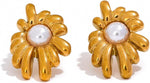 El Regalo Stainless Steel Pearl Flower Stud Earrings- Glamorous, Elegant, Anti Tarnish/Waterproof Geometric Design, Gold Polished Finish for Women & Girls