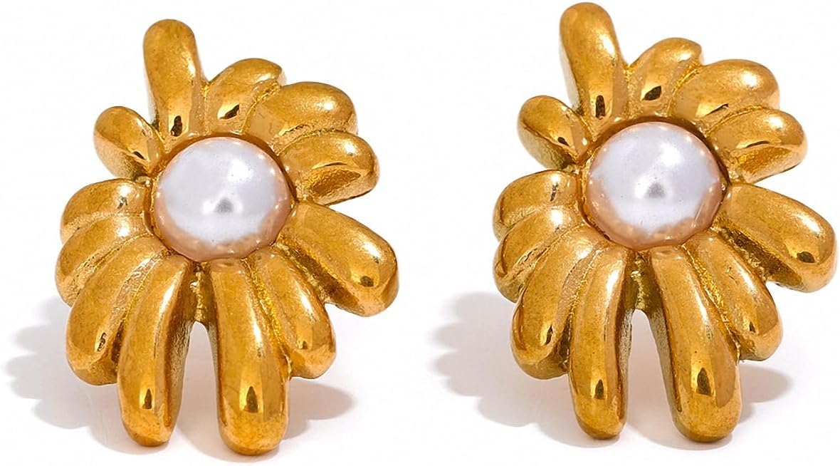 El Regalo Stainless Steel Pearl Flower Stud Earrings- Glamorous, Elegant, Anti Tarnish/Waterproof Geometric Design, Gold Polished Finish for Women & Girls