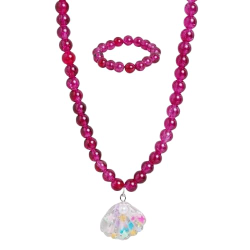 El Regalo 2 PCs Resin Shell Pendant Colorful Sparkly Crackle Beads Pendant Necklace & Bracelet Set for Kids/Girls- Christmas/Birthday Gift for Girls Kids (Magenta)