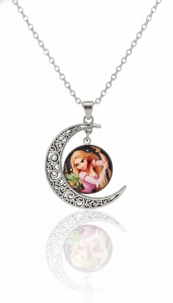El Regalo Princess Crescent Moon Pendant Necklace for Girls- Enchanted Fairytale Character Jewelry with Filigree Detail, Silver-Tone Chain, Perfect Birthday Return Gift or Party for Toddlers and Kids (Style-1)