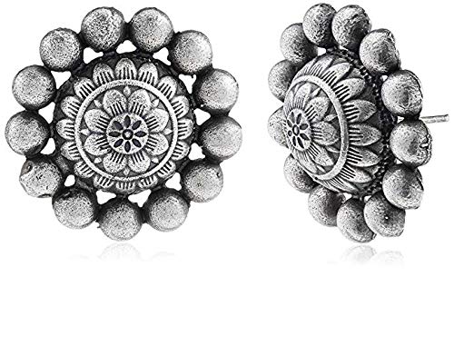 El Regalo Oxidized Silver Brass Big Studs Earrings/Bollywood Big Oxidized Tribal Boho Stud Earrings (Big 3D Flower)