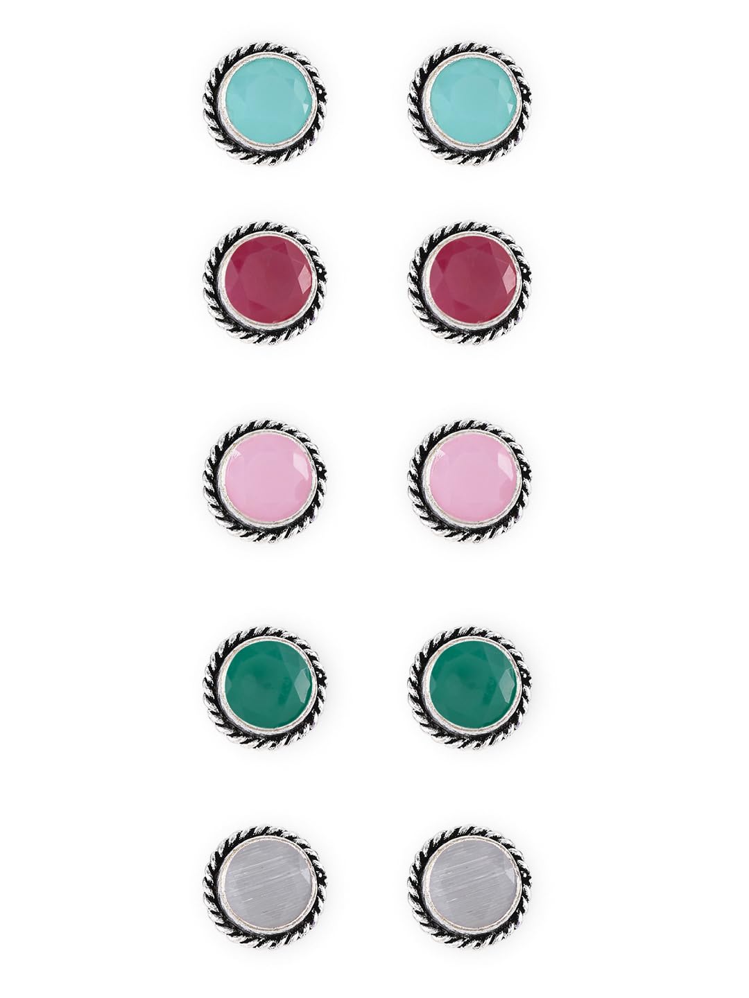 El Regalo 5 Pairs Oxidized German Silver Small Monalisa Stones Stud Earrings Combo Set in Antique Silver Finish for Women/Girls- Timeless Elegance for Casual and Formal Wear