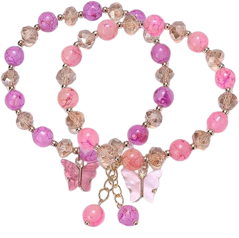 El Regalo 2 PCs Butterfly Crystal Beads Tassel Bracelet With Cute Enamel Butterfly Charms for Girls/Teens/Women (Color Option-3)