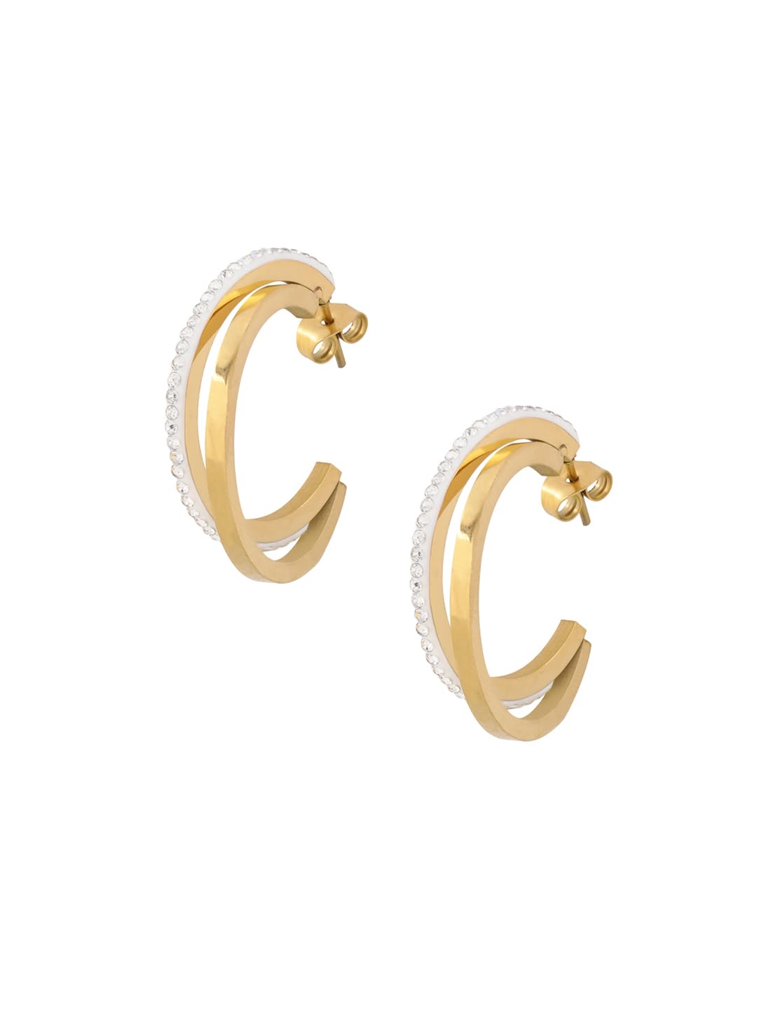El Regalo Luxury & Creative Stainless Steel Layered C Half Hoop Earrings- Bold & Beautiful, Modern Hoops for Women/Girls (Double-Hoops with CZ Crystals)