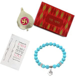 El Regalo OM Rakhi for Brother OM Charm Healing Yoga 8mm Beads Stretchable Bracelet Rakhi with Roli Canwal, Rakhi Card in Gift Box (Firozi)