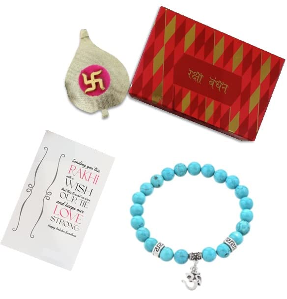 El Regalo OM Rakhi for Brother OM Charm Healing Yoga 8mm Beads Stretchable Bracelet Rakhi with Roli Canwal, Rakhi Card in Gift Box (Firozi)