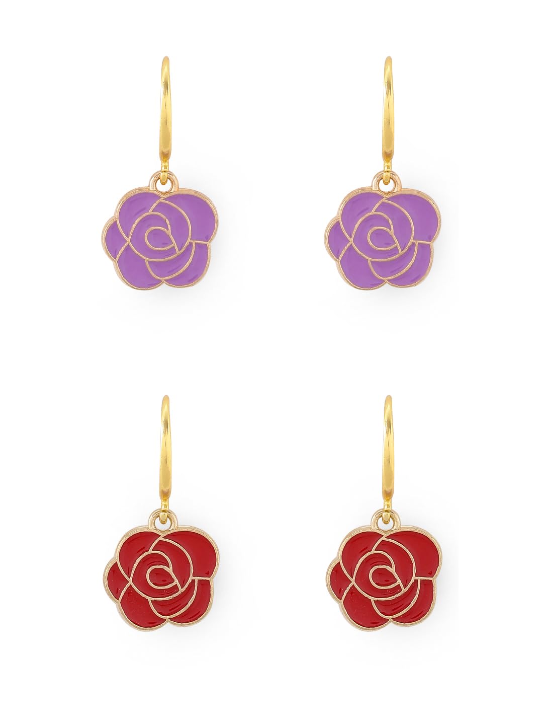 El Regalo 2 Pairs Red & Purple Rose Flower Charms Statement Hook Earrings for Women/Girls- Cute & Fancy Floral Hook Earrings Combo