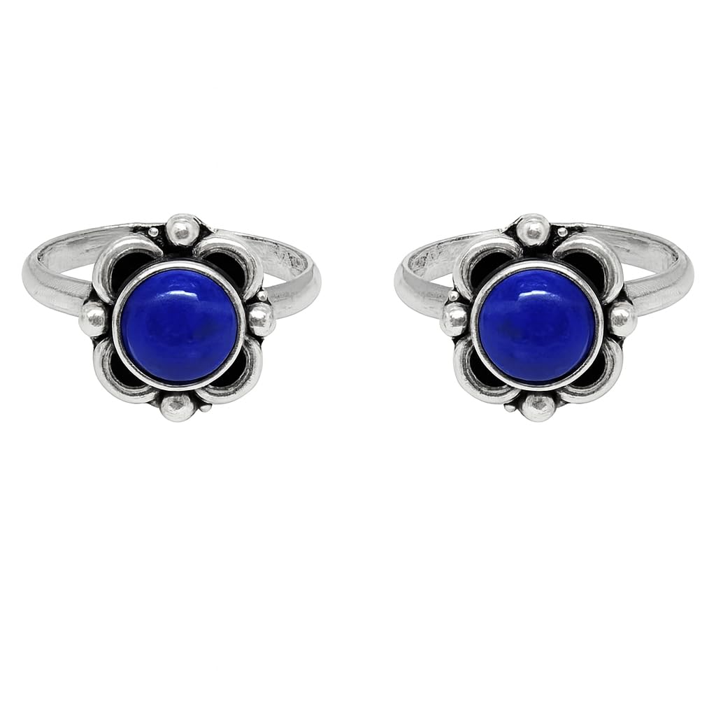 El Regalo Flowers Toe Rings For Women | Stones Toe Rings | Oxidized German Silver Flower Toe Rings Set with Stones (1 Pairs) for Women (Blue Stones)