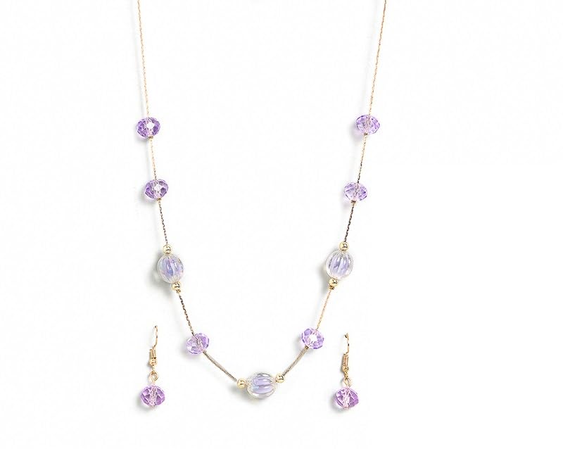 El Regalo 2PCs Crystals Beads Necklace & Earrings Jewelry Set for Kids/Girls & Teens - Shimmering/Matt Crystal Beads Fancy Jewelry Set (Purple Crystals)