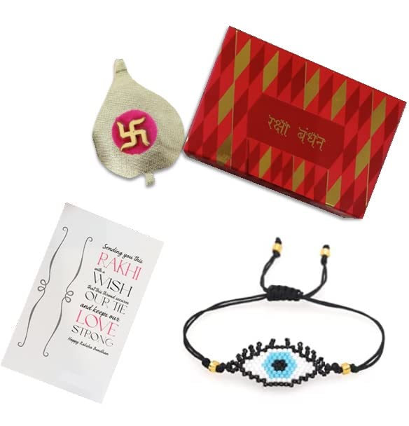 El Regalo Evil Eye Miyuki Seed Beads Rakhi for Brother | Handmade 100% Authentic Japanese Miyuki Seed Beads Rakhi with shagun, Card in Rakhi Gift Box (Black Evil Eye)