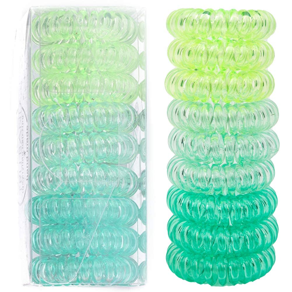 El Regalo 9 Pcs Spiral Hair Ties, No Crease Coil Hair Ties, Phone Cord Hair Ties for Thick Hair - Ponytail Holder Elastics for Kids/Girls/Women (Gradient Green)