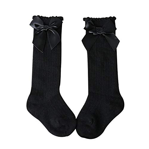 El Regalo Baby Girls Knee High Socks with Bows | Princess Long Booties Vertical Striped Cotton Leg Warmer (2-4 Years) (Black)