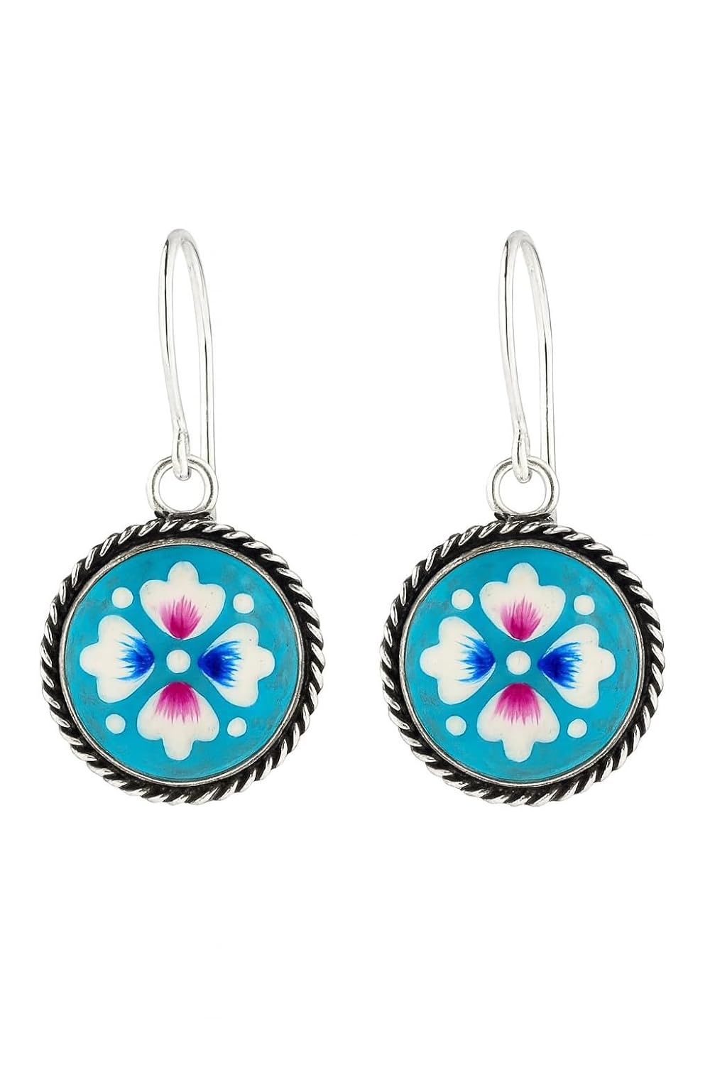 El Regalo Hand-Painted Silver Lookalike Brass Earrings for Women & Girls | Ethnic Floral Round Dangle Earrings | Boho Festival Jewelry (Green)