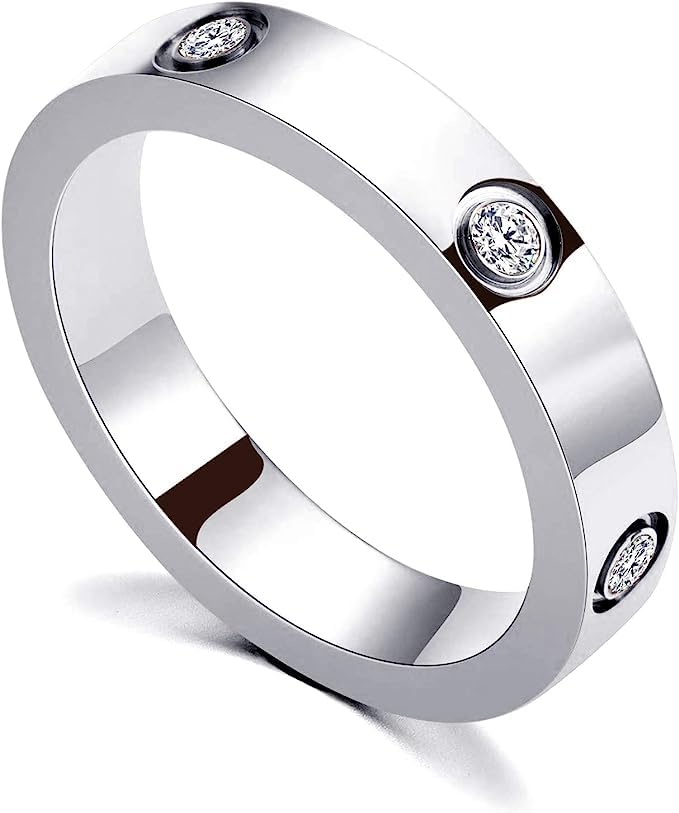 El Regalo Fashion Classic Titanium Steel Women Stacking Ring- Anti Tarnish/Waterproof Cubic Zirconia Stainless Steel Promise Ring for Girls & Women (Silver, 8)