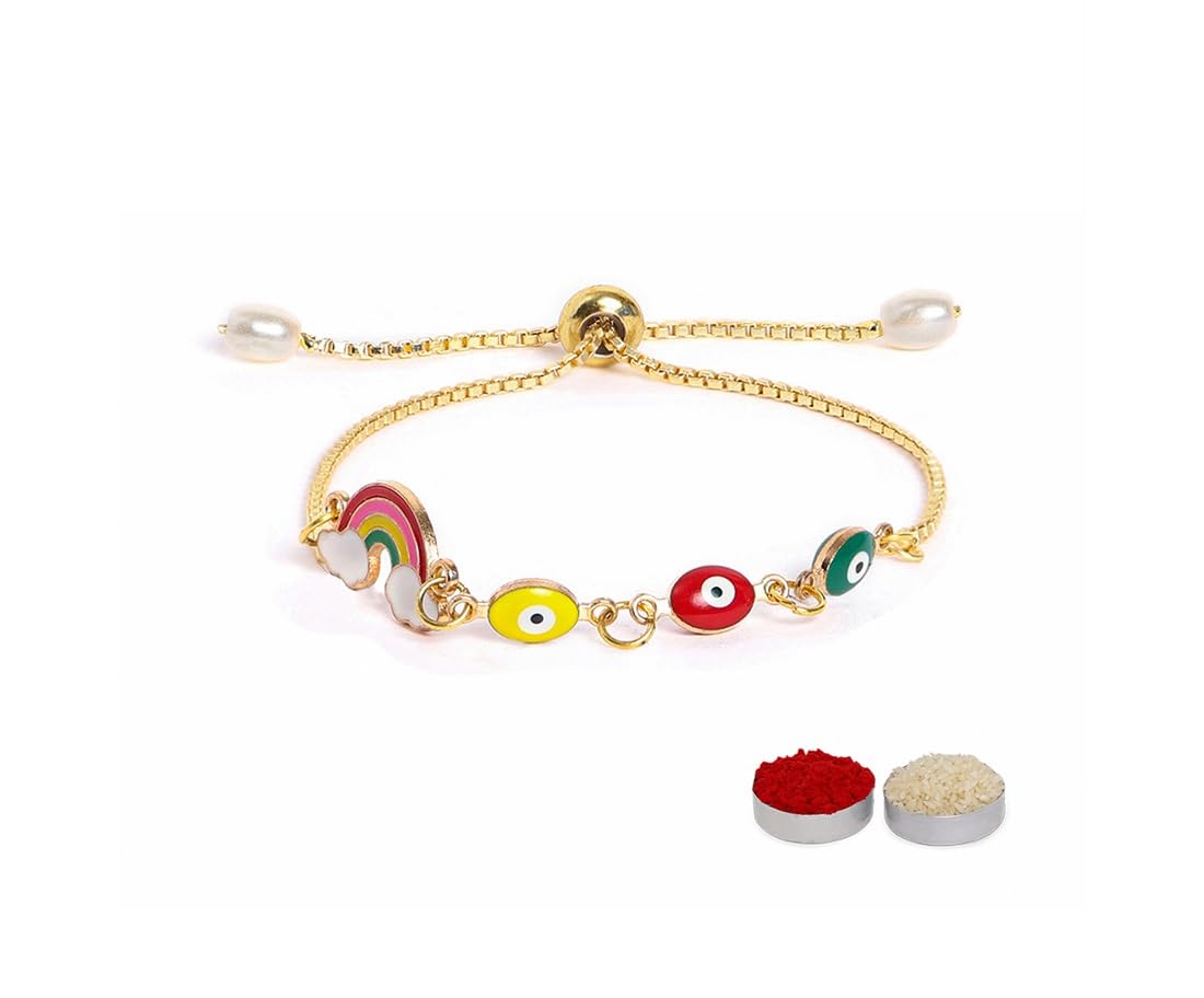 El Regalo Fancy Evil Eye Rainbow Charms Unisex Kids Rakhi for Girls & Boys- Cute Kids Rakhis with Roli Chawal, Message Card in Rakhi Gift Box for Kids/Babies/Toddlers (Rainbow 3 Beads Evil Eye Rakhi)