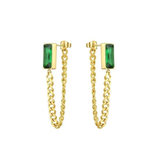 El Regalo Emerald Green Color Earrings for Women - Gold Plated Rectangular Crystal Studs with Cuban Link Hanging Chain - Classy Party Western Earrings for Girls - Ideal Gift for Birthday or Anniversary