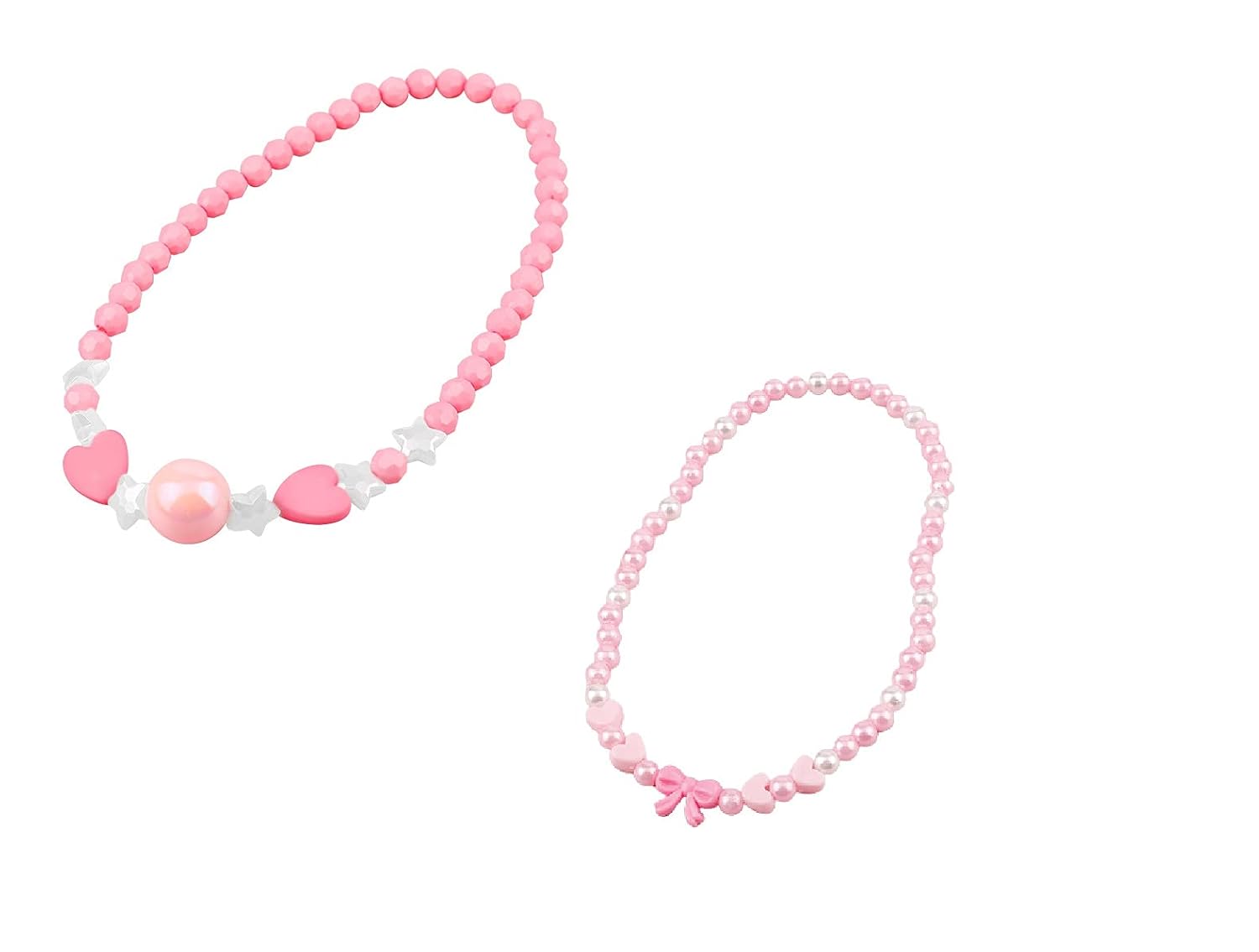 El Regalo 2 PCs Girls Kids Pink Acrylic Heart Bow Beaded Necklaces Set | Girls Kids 2 PCS necklaces | Princess Necklaces Set (Heart & Bow Pattern)