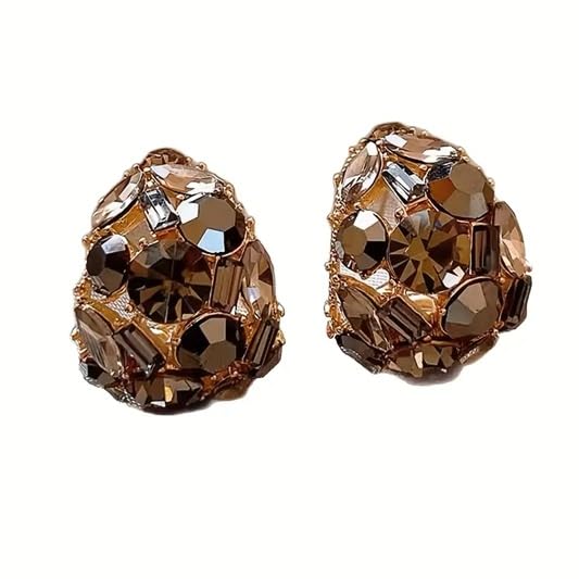 El Regalo Chocolate Rhinestone Encrusted Semi Hoop Earrings for Women & Girls- French Retro Elegant Geometric Faceted Crystals Inlay Versatile Earrings