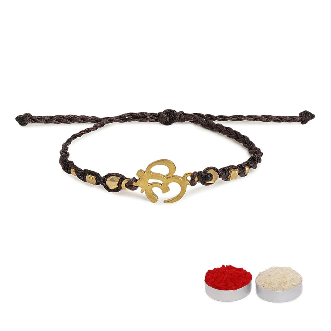 El Regalo Auspicious OM Rakhi Brother- Designer Hand Braided OM Bracelet Rakhi with Roli Chawal Shagun, Message Card in Rakhi Gift Box (Coffee Brown)