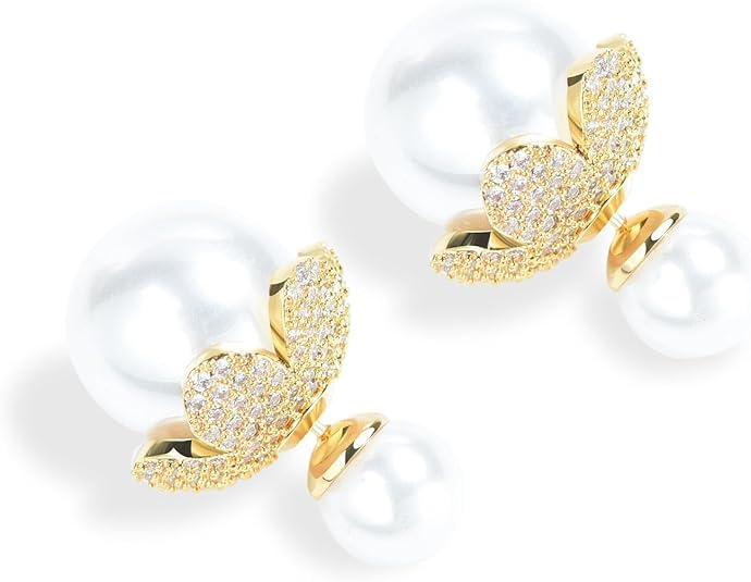 El Regalo Vintage Flower Pearl Earrings - Elegant Double-Sided Stud Front Back Earrings for Women - Golden CZ Floral & Pearl Ball Ear Jacket for Wedding, Party
