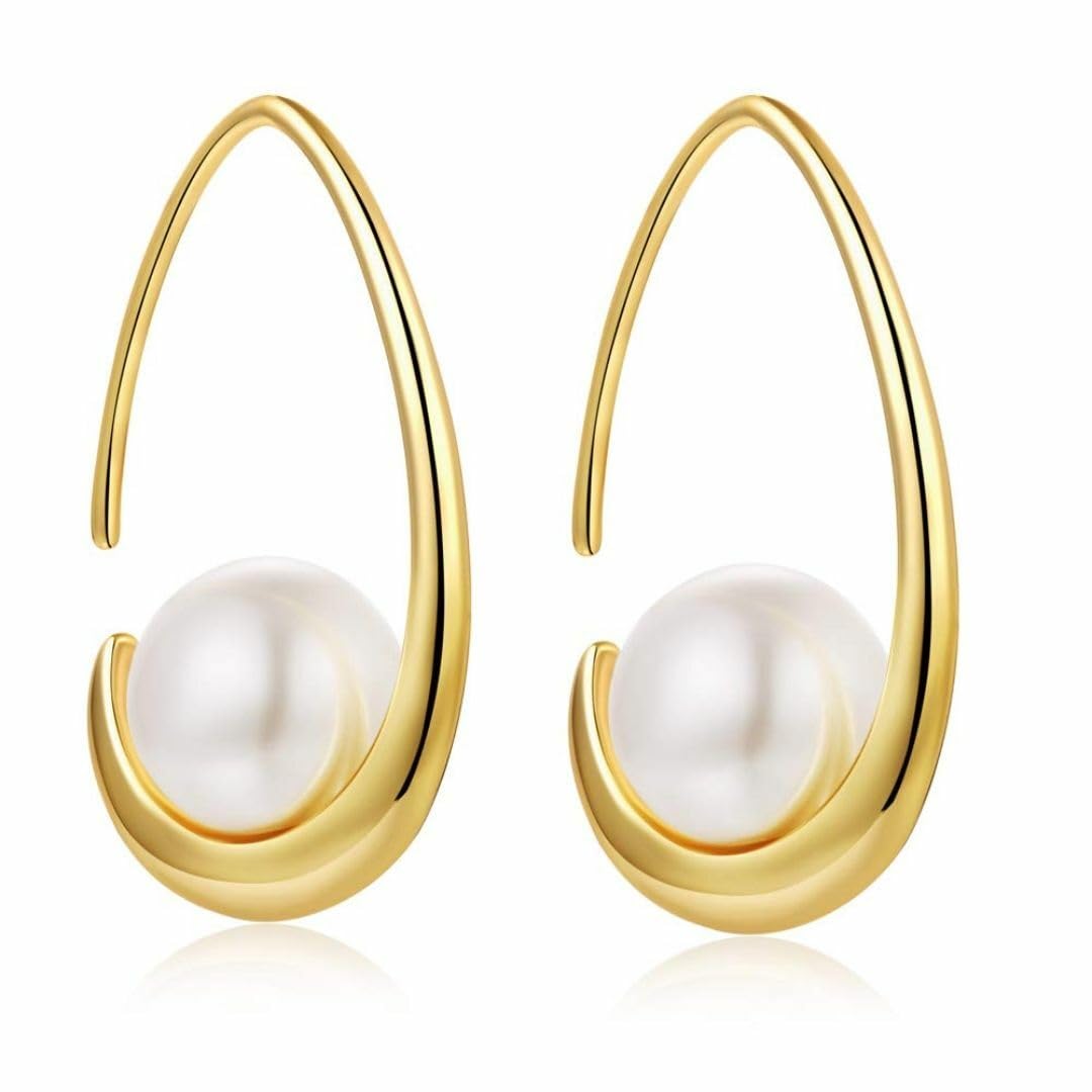 El Regalo Retro Chunky C Shaped Pearl Earrings | Open Waterdrop Hoop Earrings for Women & Girls - Fashionable, Elegant, Timeless Silver & Gold Design (Gold)