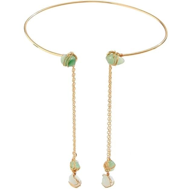 El Regalo Handcrafted Gold Plated Arm Cuff Jewelry for Women/Girls - Stone Pendant Armband Tassel Arm Bands (Green Stones)