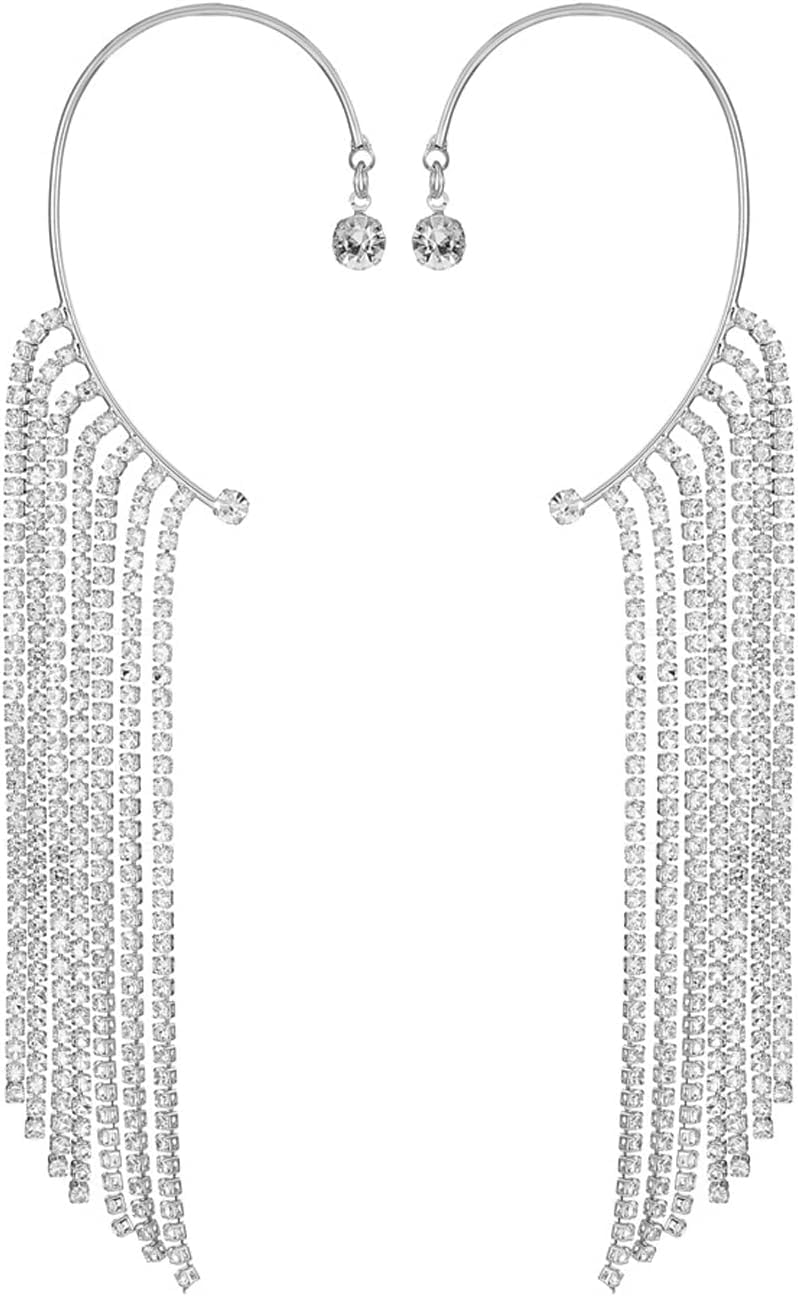 El Regalo 1 Pair Shining Long Tassel Earcuff Climber Earring- Contemporary Ear Cuff Wrap, No Piercing Ear Climber Earring for Girls & Women (Silver)