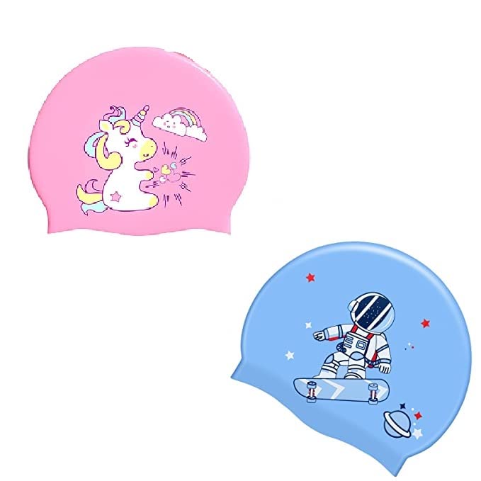 El Regalo 2 PCs Kids Swimming Caps Set- Silicone Swimming Hat for Girls Boys Waterproof Bathing Caps for Long & Short Hair with Unicorn, Astronaut, Heart, Fairy Mermaid (Unicorn & Astronaut)