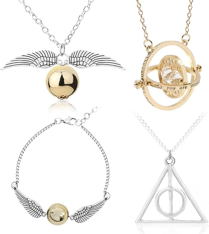 El Regalo Unisex-Adult 4PCs Jewelry Set- Spinning Hourglass Necklace, Golden Ball Wings Pendant Necklace & Bracelet & Always Triangle