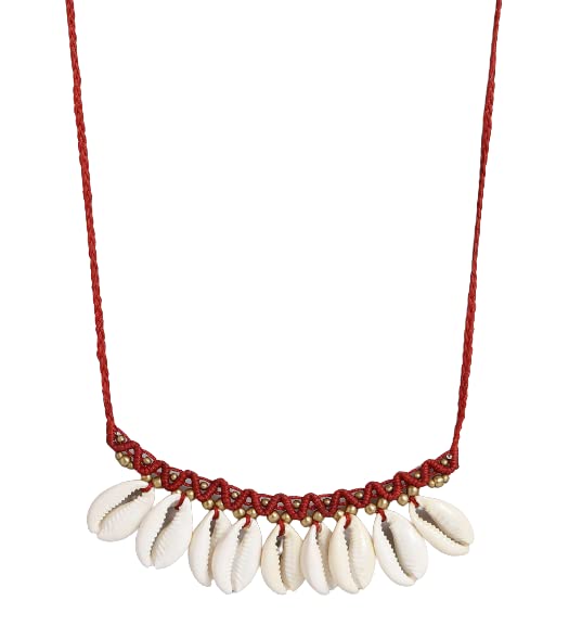 El Regalo Bohemian Gypsy Hippie Cowrie Beads Collar Macrame Choker Necklace for Girls & Women | Adjustable Retro Cowrie Handmade Beach Choker Necklace (Red Macrame Cowrie Necklace)
