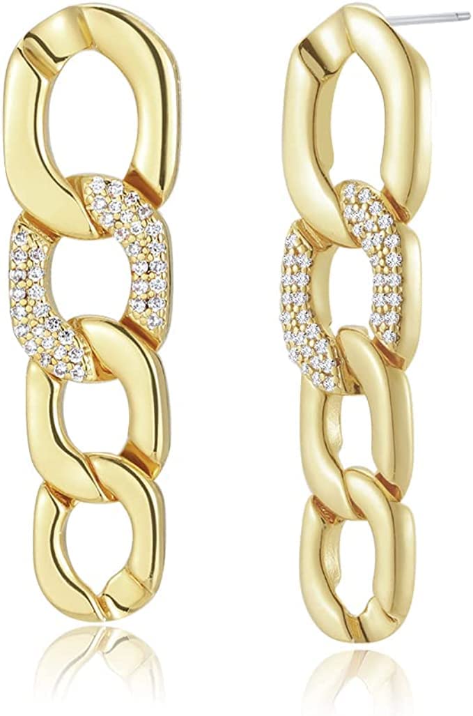 El Regalo Gold Plated Chain Link Drop Dangle Earrings- Cuban Link Golden Chain Stud Dangle Earrings for Women & Girls