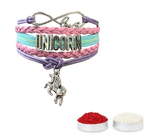El Regalo Multi-layered Unicorn Infinity Love Charm Rakhi for Brother/Sister/Niece/Nephew with Roli Chawal in Rakhi Gift Box (Purple Unicorn)