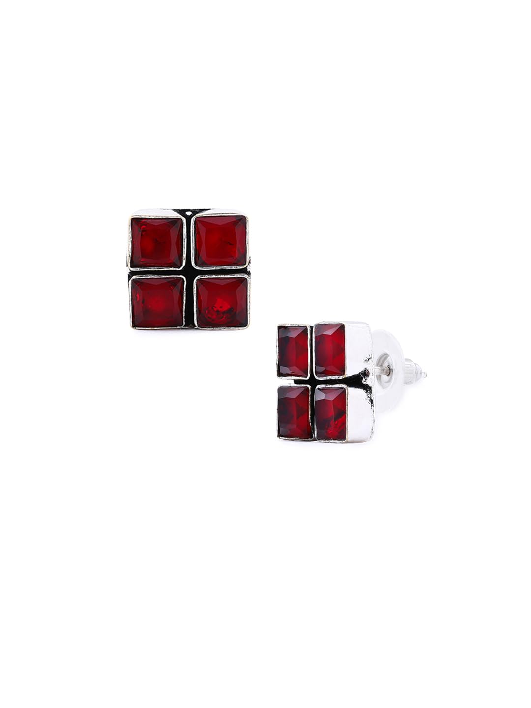 El Regalo 925 Silver Plated Oxidized Stud Earrings with Monalisha Stones - Square Bohemian Stud Earrings for Women - Tribal Antique Replica Earrings (Red)