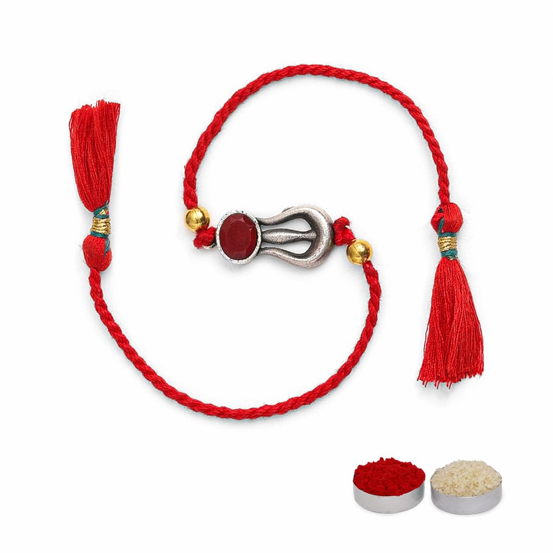El Regalo Auspicious Shiva Trishool Red Stone Designer Thread Rakhi for Brother- Antique Trident Rakhi with Roli Chawal Shagun, Message Card in Rakshabandhan Gift Box