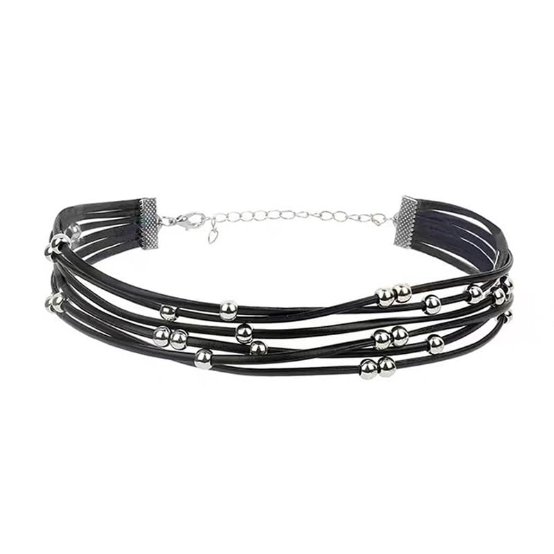 El Regalo Bohemia Layered Choker Necklace- Gothic Black Suede Leather Collar Choker with Silver Beads Multilayer Necklace for Women & Girls