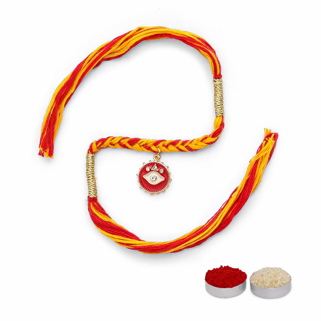 El Regalo 1 PC Moli Rakhi for Bhaiya - Rakshabandhan Moli Charms Rakhi with Message Card & Roli Chawal Shagun in Rakhi Box (Red Evil Eye Moli Rakhi)