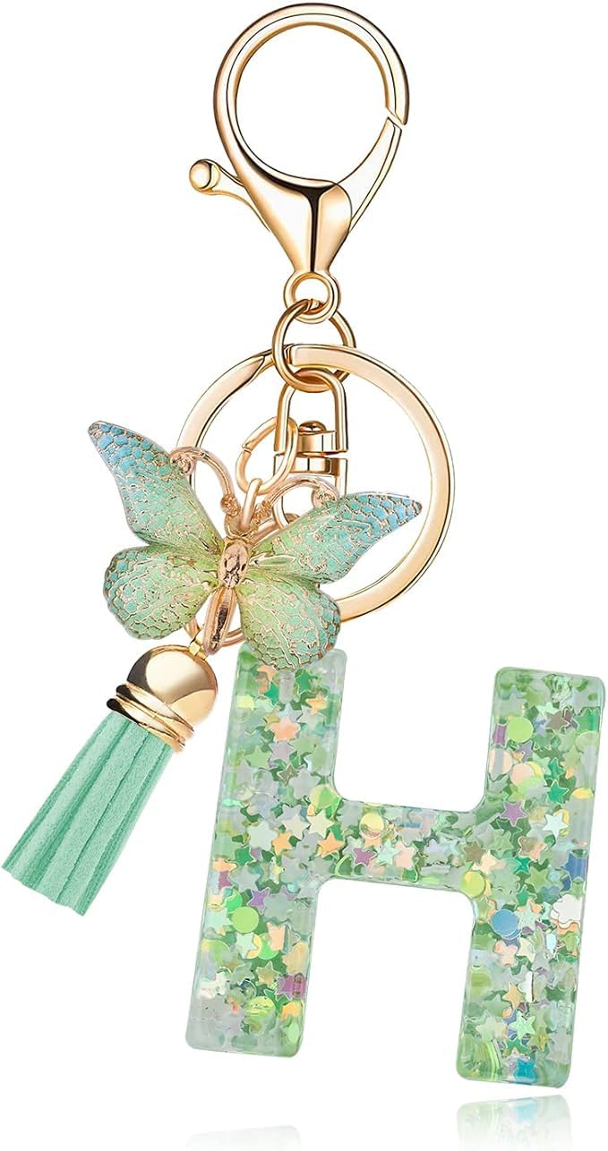 El Regalo Personalized Name Initials Butterfly Charm Keychain - Name Letters Keyring with Green Butterfly & Stars Filled Resin & Tassel Pendant, Purse, Bag, Backpack Accessory (Letter H)