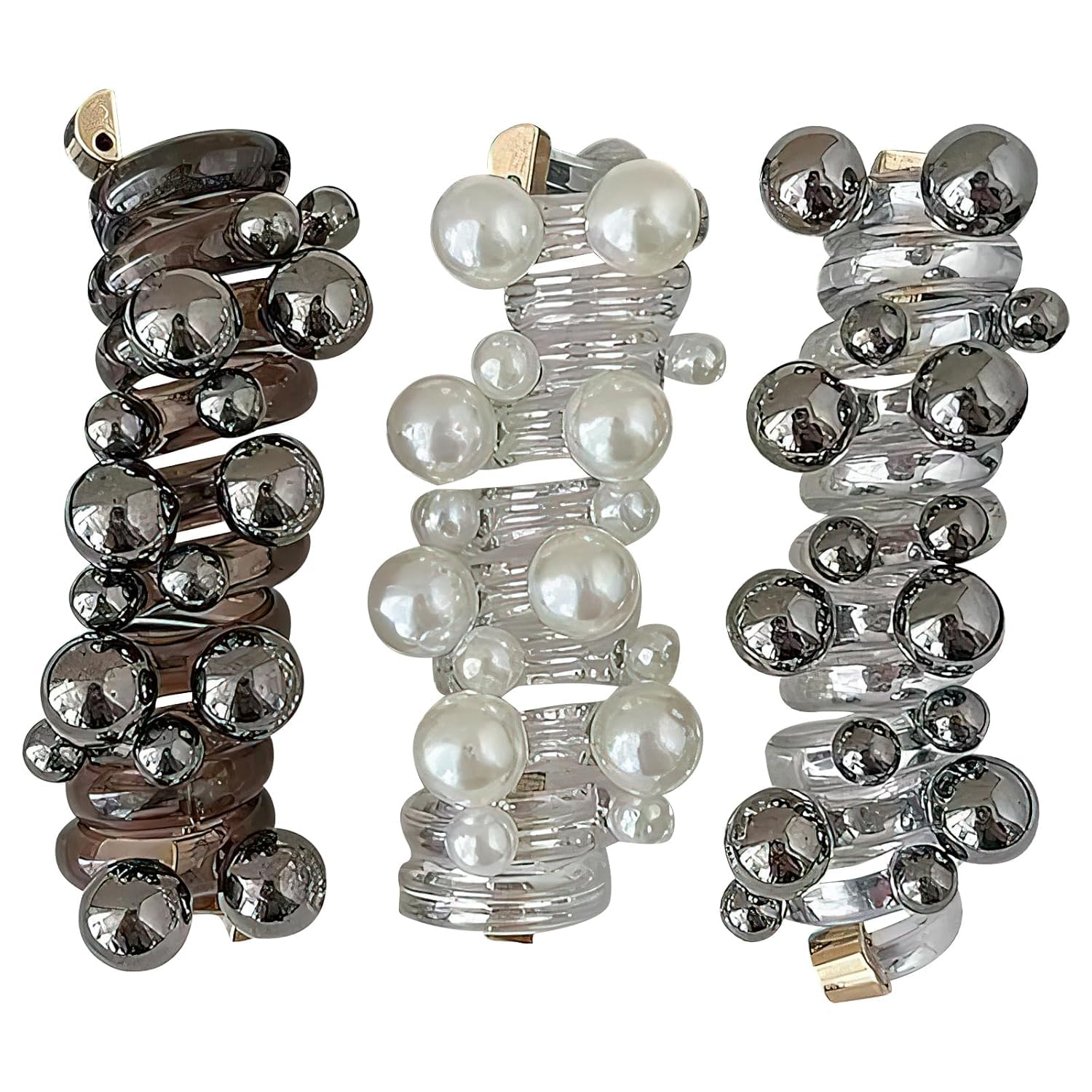 El Regalo 3PCs Stretchy Pearl Spiral Braided Telephone Scrunchies Ponytail Holders, Hair Ties for Kids Girls/Teens & Women - Black, White & Silver