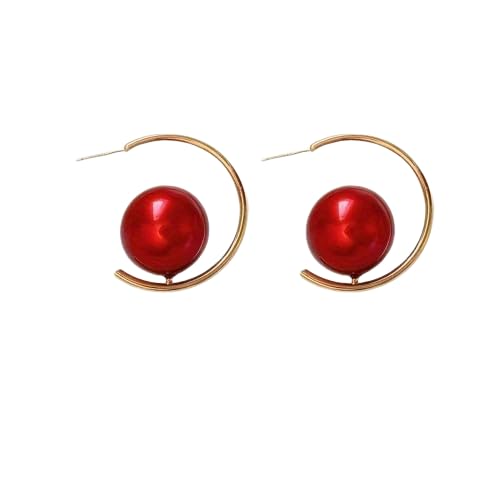 El Regalo Western Pearl Earrings- Delicate Glossy C Shaped Pearl Hoop Earring- Elegant Vintage Style Earrings for Girls & Women (Red Pearl)