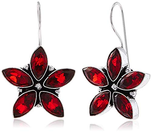 El Regalo Oxidized Sterling Silver Vintage Flower Stones Earrings for Girls & Women (Red)