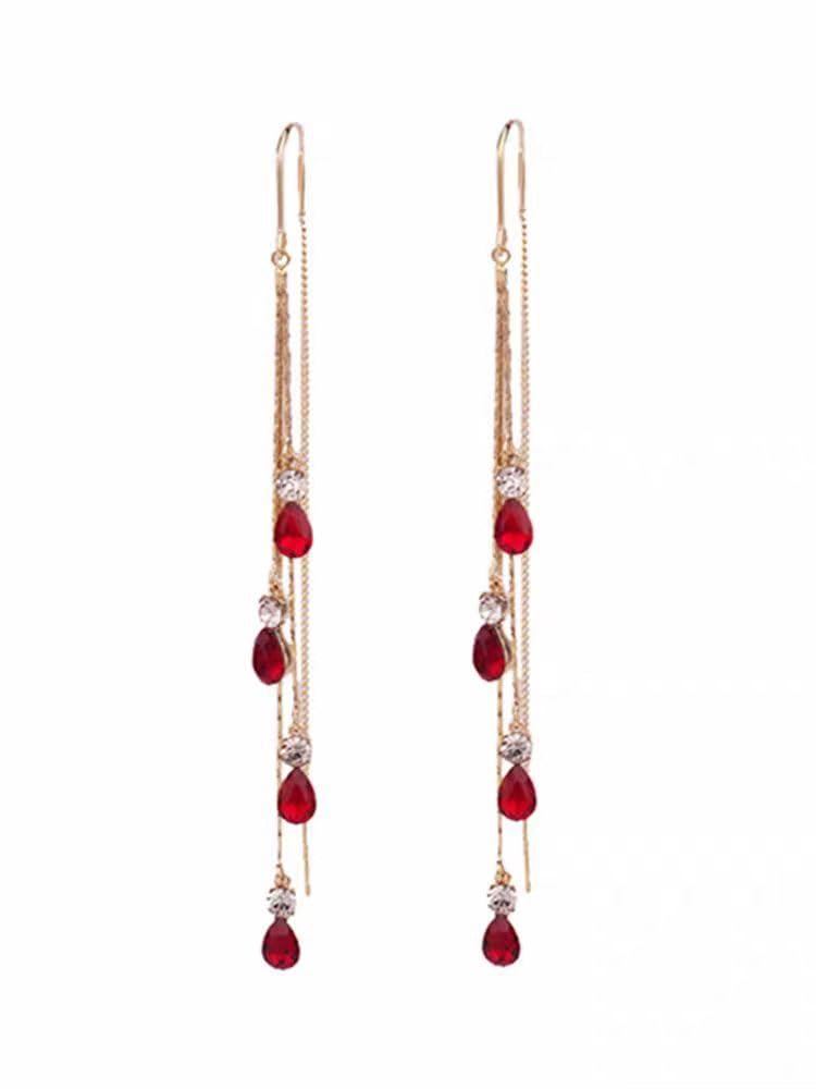 El Regalo Modern Threader Earrings for Women | Long Chain Dangler Earrings with Crystal & Stone Drops | Western Tassel Earrings for Girls | Party Sui Dhaga Thread Earrings (Red Threader)