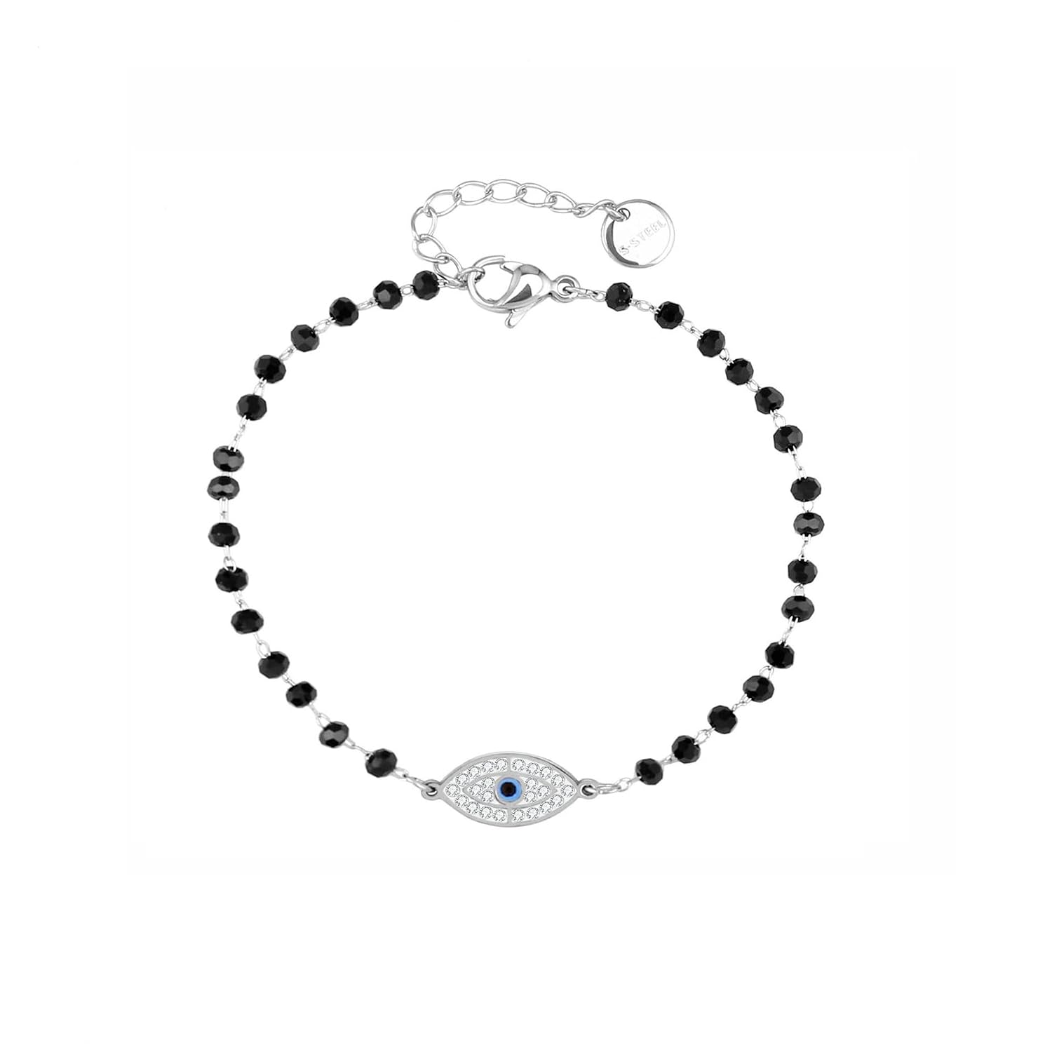 El Regalo Stainless Steel Mangalsutra Evil Eye Nazaria Bracelet- Black Crystal Beads Anti Tarnish Chain Bracelet for Girls/Women (Evil Eye Nazaria Bracelet)