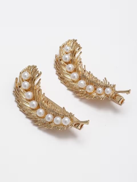 El Regalo 2PCs Pearl Feather Fancy Hair Clips - Golden Wing Feather Alligator Clips for Girs & Women- Bridal/Wedding Party Hair Accessories